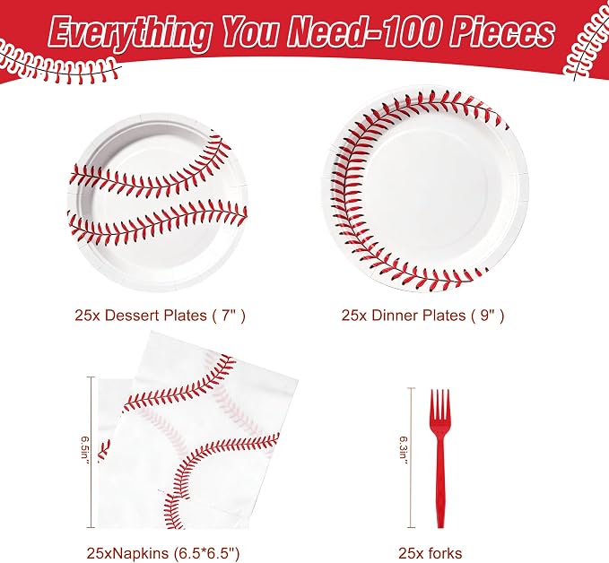 100 Pcs Disposable Baseball Party Tableware Set