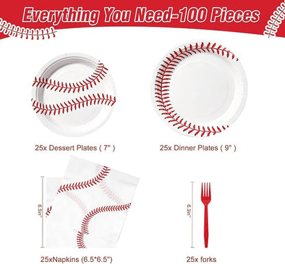 100 Pcs Disposable Baseball Party Tableware Set