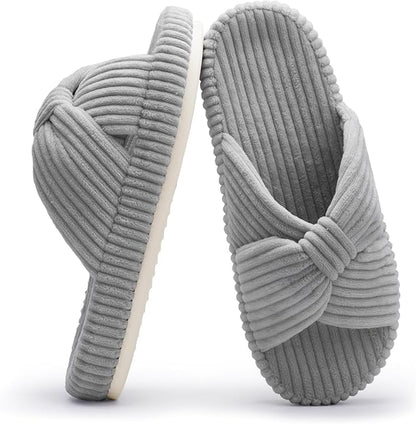 Chantomoo Slippers for Women Memory Foam House Bedroom Corduroy Bow Crossbands Slide Slipper Shoes Comfy Trendy Gift Slippers