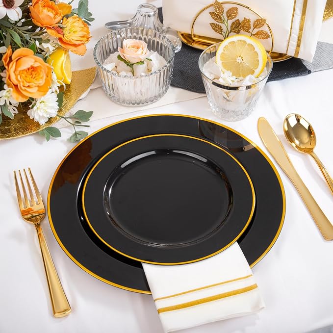 SUT 350-Piece Black and Gold Disposable Plates