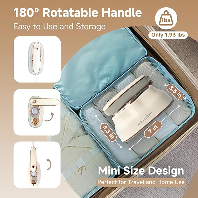 Travel Steamer for Clothes,1200W Portable Handheld Mini Garment Steamers,Steamer ＆ Iron 2 In 1,Large Ceramic Heat Panel,200ml Water Tank,20s Heat Up,Beige,110V-120V