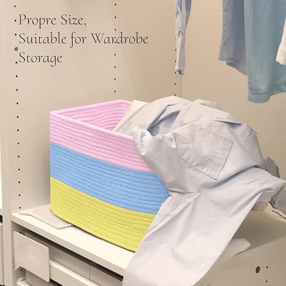 Hopegiver Woven Storage Baskets 15x11x10 Inch, 3 Pack Collapsible Cube Storage Bin for Shelves - Foldable Cotton Rope Organizer Bins for Towels, Toys, Books, Closet, Nursery (Pink Blue Yellow)