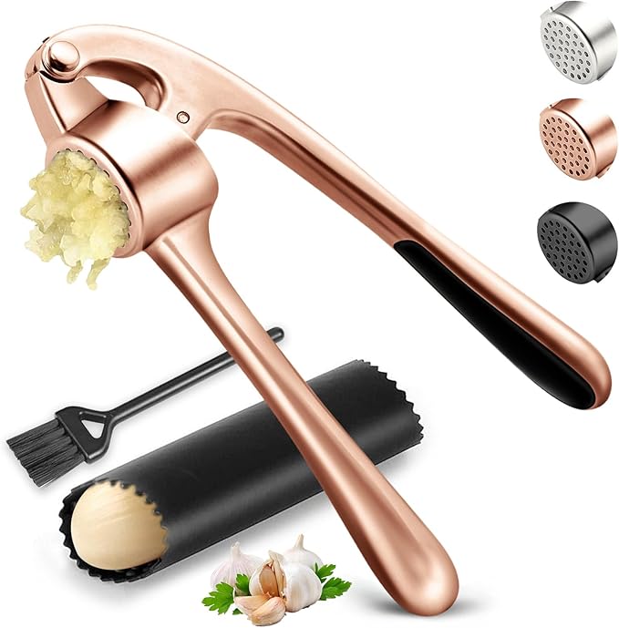 Kitchen Garlic Press, Rust Proof & Dishwasher Safe Garlic Mincer, Durable Garlic Crusher Set with Peeler＆Brush, Easy to Clean and Squeeze, Copper