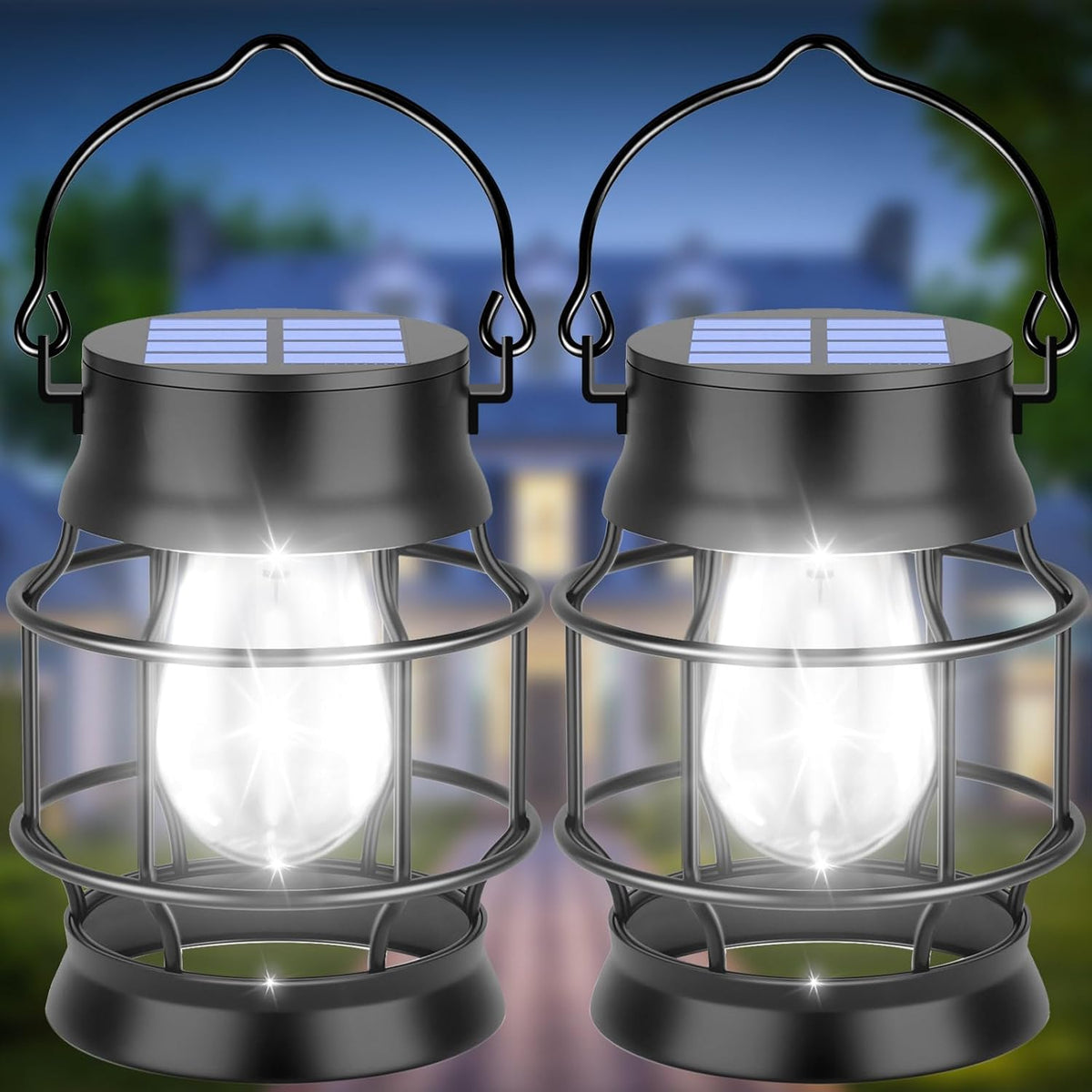 UBright 2 Pack Solar Lantern Lights Outdoor Waterproof Metal Hanging Solar Lights for Outside Lanterns Decorative Outdoor for Patio Porch Garden Lawn, Cool White