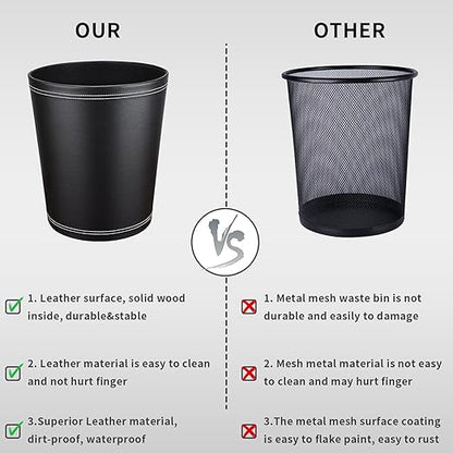 Pu Leather Trash Can, 2.6 Gallon Black Bathroom Trash Can, Small Office Garbage Can Wastebasket for Bedroom, Kitchen, Round Trash Bin Decorative Under-Sink/Desk/Home Easy to Clean