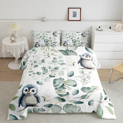 Erosebridal Cartoon Penguin Bedding Toddler Size Woodland Wildlife Comforter Set, Plant Duvet Insert Eucalyptus Leaf Quilt Comforter, Antarctic Animal Theme Bedding Comforters & Sets Kids Room Decor