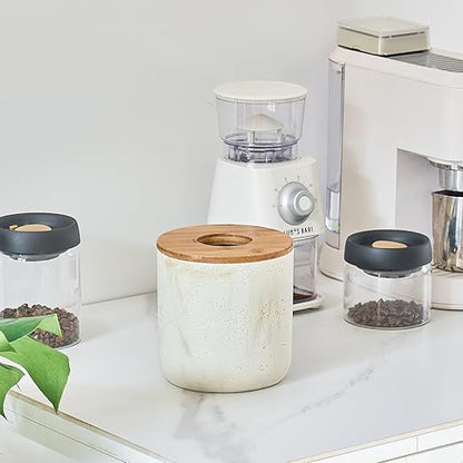 Natural Travertine Textures Beige Mini Trash Can with Bamboo Lid,Small Countertop Trash Can for Bathroom, Kitchen, Vanity, Desk Trash Can,Table Top Mini Garbage Can for Dining Room, Tiny Waste Basket
