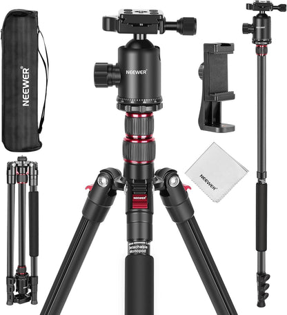 NEEWER 77" Camera Tripod Monopod with Cell Phone Holder Compatible with iPhone for Video Recording, Compact Aluminum Lightweight Travel Stand with Ball Head QR Plate Bag Cleaning Cloth, Max Load 34lbs