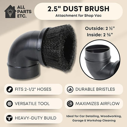 2.5" Dust Brush Attachment Compatible with Shop Vac, Craftsman, and more Wet Dry Vacuum Cleaner Accessory with Nylon Bristles Fits 2-1/2 Inch Hose - for Woodworking, Garage & Workshop Cleaning.