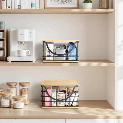 Extra Large Trash Bag Holder Stackable Kitchen Storage, 2 Pack Wall Mounted Pantry Organizers and Storage with Bamboo Top, Garbage Bag Dispenser Under Sink for Laundry Room and Kitchen