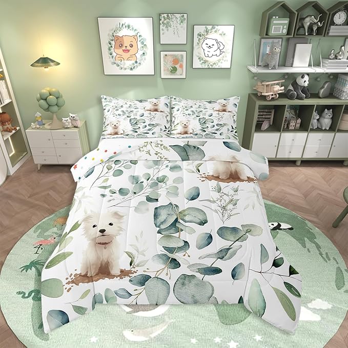 Erosebridal Cute Dog Bedding Queen Size for Kids Child Green Eucalyptus Comforter Set Queen, Pet Animal Duvet Insert Botanical Plant Leaves Quilt Set, Cartoon Pug Puppy Bedding Comforters & Sets