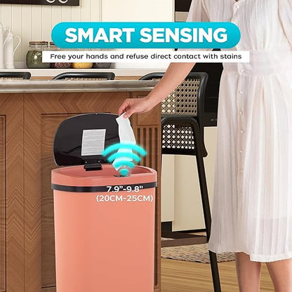 Automatic Motion Sensor Bathroom Trash Can with Lid, 13 Gallon Touchless Trash Bin, Smart Dog Proof Garbage Can, Touch Free Waste Basket for Toilet, Office, Bedroom,Pink,2