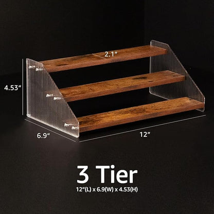nianfeng Tiered Spice Rack, 3-Tier Spice Pantry Kitchen Cabinet Organizer, 12-Inch, Natural Wood Acrylic Stair Riser Stand, Countertop Seasoning Shelf (Rustic Brown)