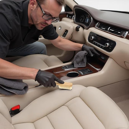 TAKAVU Leather & Upholstery Cleaning Brush Set, Pure White Boar Hair Bristle, to Clean Car Seats, Leather Sofas, for Alcantara, Interiors, Furniture, Boots, Shoes, Bags and More