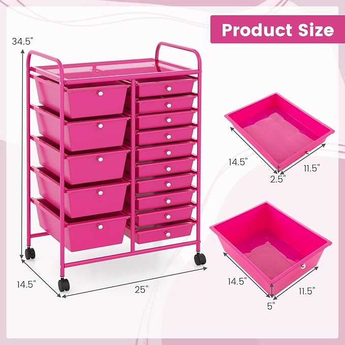 GOFLAME 15-Drawer Rolling Storage Cart, Multipurpose Movable Organizer Cart, Utility Cart for Home, Office, School, Hot Pink