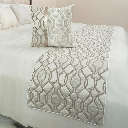 The HomeCentric King/Queen/Twin Ivory & Silver Decorative Twin 53"x18" Bed Runner Without Pillow Cover, Lattice & Quilted Bed Scarf on Jacquard Silk Fabric - Ivory Delicacy