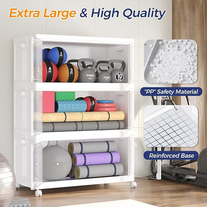 250GAL Large Stackable Storage Bins with Lid and Wheels, 1000Qt Collapsible Organizer Cabinet with Clear Door, for Closet, Bedroom, Kitchen, Garage, 5-Pack White