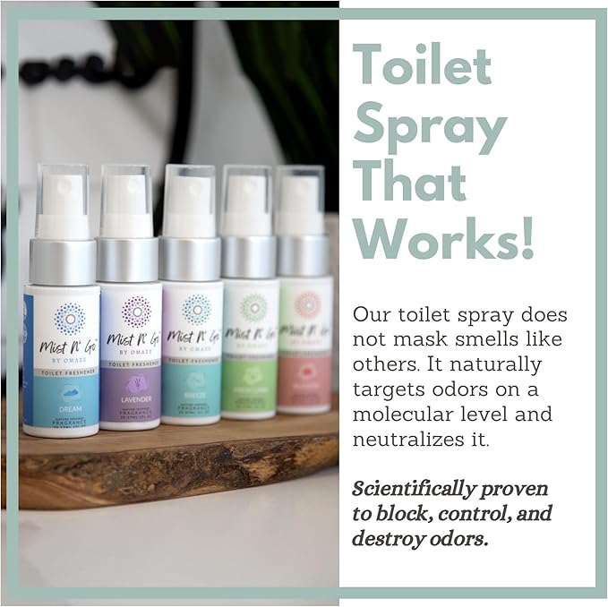 Mist N’ Go by Omaze Travel Bathroom Spray for Toilet Spray Odor Eliminator - Travel Toilet Spray for Bathroom Air Freshener Spray for Bathroom Deodorizer - Mix All, Travel Size (1oz x5)