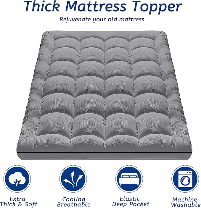 King Size Mattress Topper for Back Pain, Cooling Extra Thick Mattress Pad Cover with 8-21 inch Deep Pocket, Plush Pillow Top Mattress Topper Overfilled with Down Alternative, King Size, Dark Grey