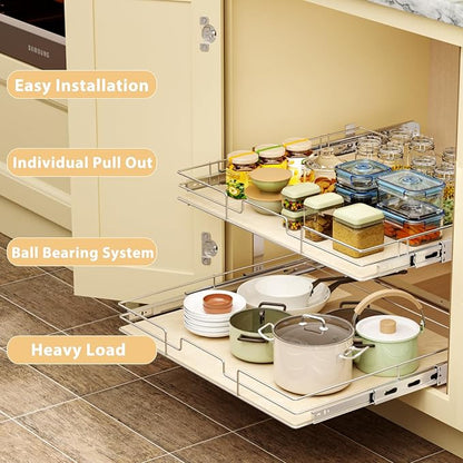 ROOMTEC 2 Tier Individual Pull Out Cabinet Organizer 31½"W x 21½"D, Slide Out Wood Shelves Organizers, Pull Out Drawers Organization and Storage for Kitchen Cabinet