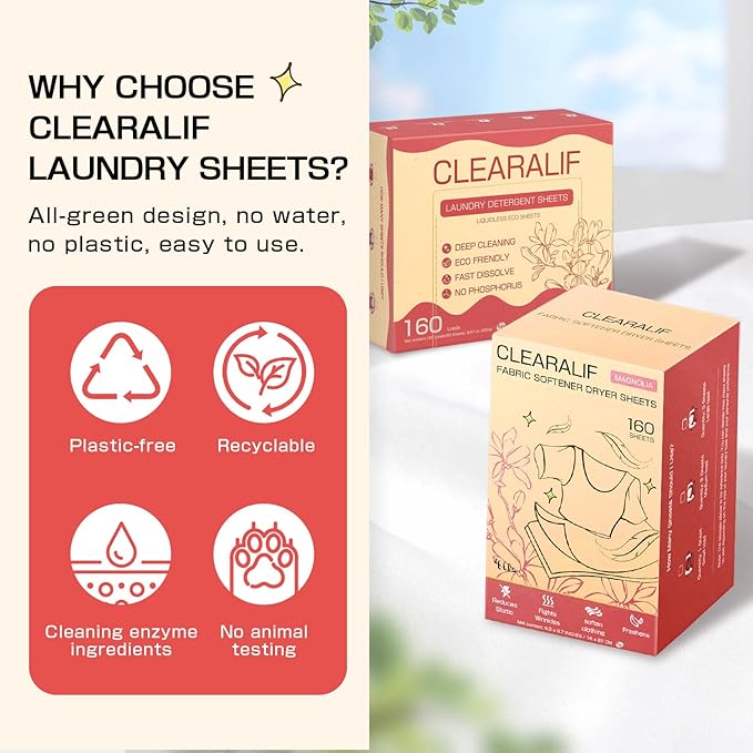 CLEARALIF All in One Laundry Detergent Sheets Kit, Magnolia Scent, 160 Loads Laundry Sheets + 160 Drying Sheets, Laundry Set Great for Travel, Softener Sheets Eco Package Friendly & Hypoallergenic
