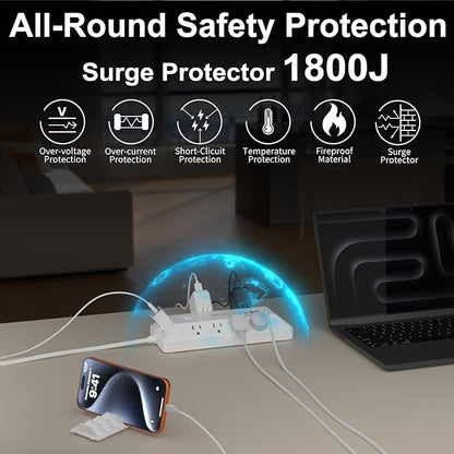 Surge Protector Power Strip with USB Ports, 12 Outlets 2 USB-C 2 USB-A, 6 Ft Flat Plug Extension Cord, Multi Plug Outlet with Phone Holder for Desk, Office, Home, Dorm, UL Certification (White)
