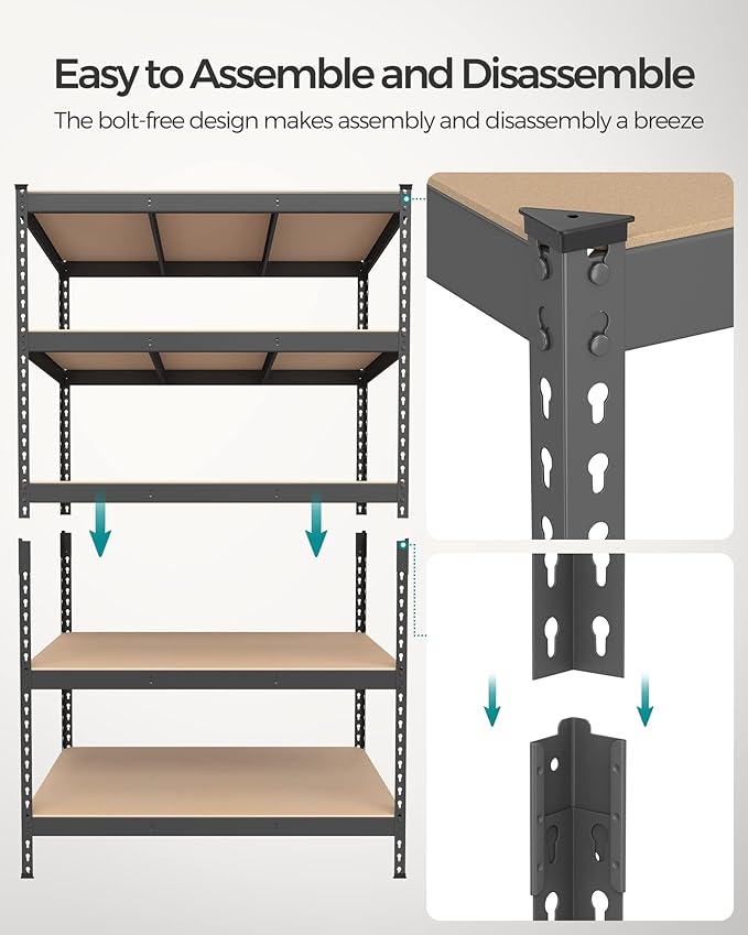 SONGMICS 5-Tier Storage Shelves, Load 2310 lb, Set of 2 Garage Storage, Boltless Assembly, Adjustable Shelving Unit, 23.6 x 47.2 x 70.9 Inches, for Study Shed Basement, Gray UGLR600G02
