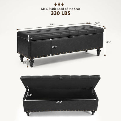 51.8’’ Storage Ottoman Bench, Faux Leather Ottoman with Storages, Window Benches Holds up to 330lbs, Upholstered Storage Bench for Bedroom, Living Room, Entryway and Family Room, Black