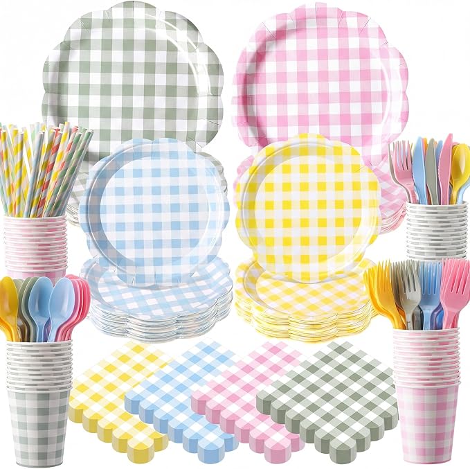 450 Pcs Gingham Tableware Set Decorations, Serves 50 | Pastel Plaid Paper