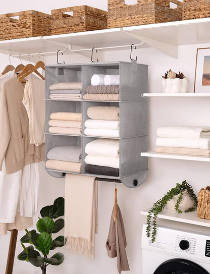 StorageWorks Hanging Closet Organizer with Metal Rod, 6-Section Closet Organizers and Storage, Collapsible Hanging Shelves for Closet, Bedroom, Kids Dorm Room, RV Camper, Grey and White