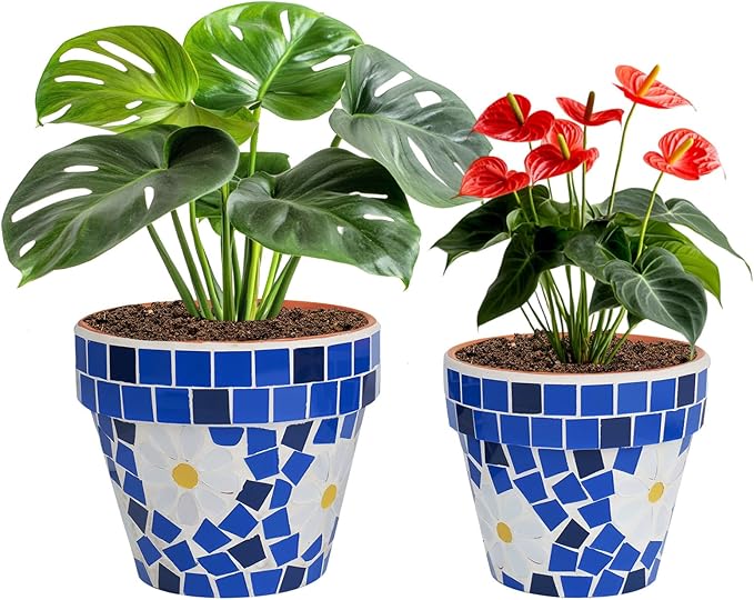 VOREEN Mosaic & Terracotta Plant Pots, 2 Pack Handmade Flower Pots with Drainage, Decorative Daisy Style Planters for Indoor Outdoor Plants, Home & Garden Decor, Gift for Mom Wife Friend