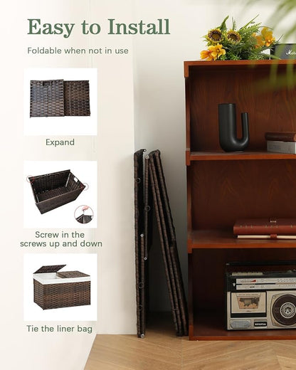 Storage Basket with Lid Rattan Woven Storage Baskets with 2 Separate Lids, 17.2 Gallon (65 L), 22 x 13 x 13.8 Inches,Foldable, 2 Removable Liner Bags Handles for Bedroom, Laundry Room Brown