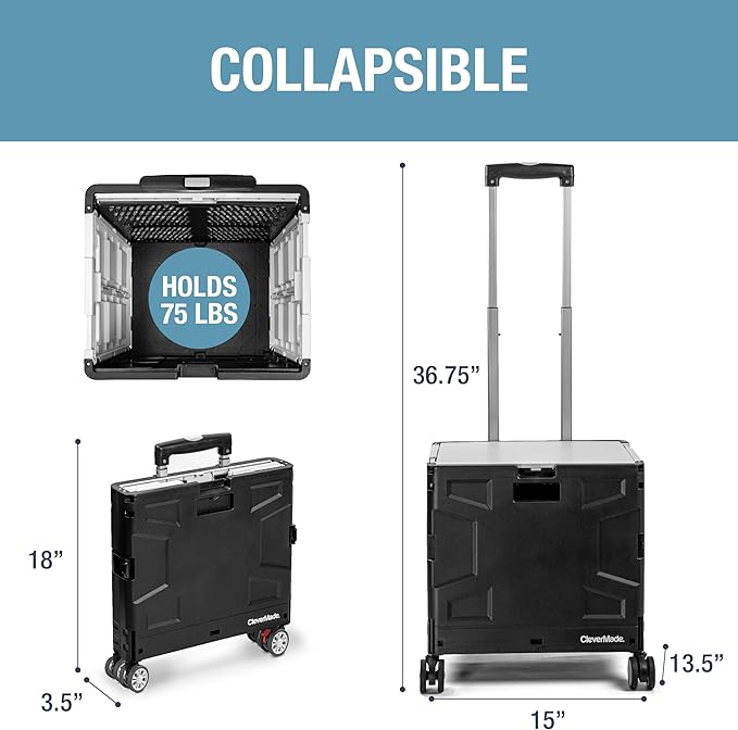 CleverMade Collapsible Wheeled Crate with Lid, 4-Wheels - Swivel and Glide Rolling Crate with Handle and Double Wheels for Easy Transport and Versatile Use - 35L and 75lb Capacity, Black/Cream