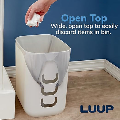 STORi Luup Bathroom Wastebasket, Secure Grocery Bags, Plastic Garbage Container for Vanity, Laundry Room, Kitchen, Office, 2.5 Gallon, White, Made in USA