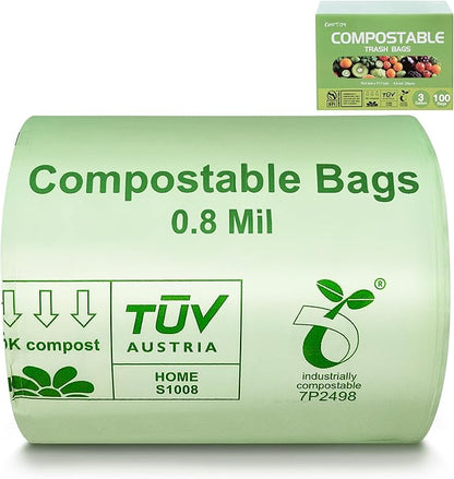 Compostable Trash Bags 3 Gallon, Extra Thick 0.8 Mils, 100 Count, ASTM D6400, BPI, OK Compost Home Certified, Small Kitchen Compost Bags,Green Bin Liners for Food Waste and Composting