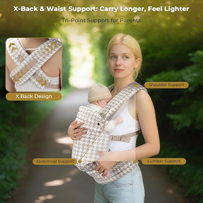 CycleMore Ergonomic Baby Carrier Newborn to Toddler - Lightweight & Breathable Infant Carrier with 3 Carry Positions, Hip-Healthy M-Shape Seat for 7-35 lbs (Houndstooth)