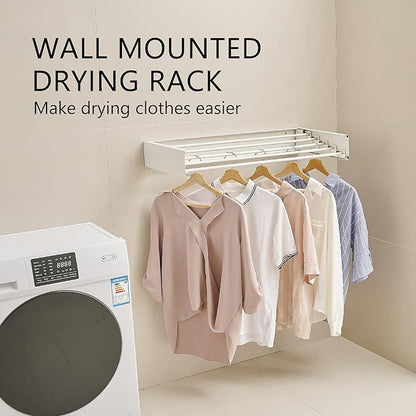 JOOM Laundry Drying Rack Collapsible, Wall Mounted Clothes Drying Rack, Retractable Drying Rack, 31.5" Wide, 5 Aluminum Rods, 60 lb Capacity (White 31.5")