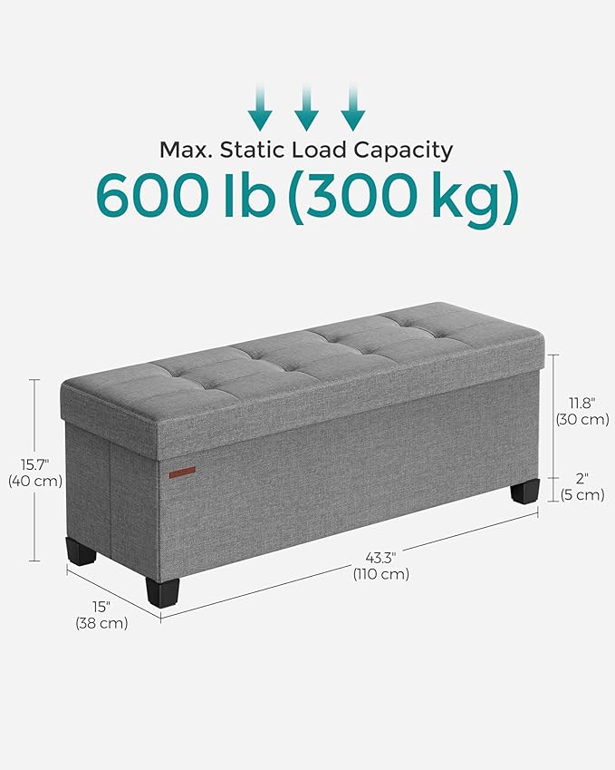 SONGMICS Storage Ottoman Bench, Foldable Foot Rest with Legs, 15 x 43 x 15.7 Inches, End of Bed Bench, Storage Chest, Load up to 660 lb, for Living Room, Bedroom, Entryway, Dove Gray ULSF018G02