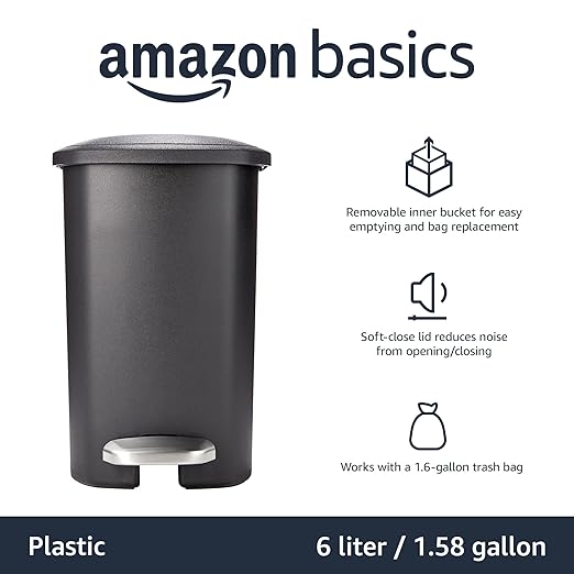 Amazon Basics Compact Plastic Bathroom Trash Can with Hands Free Foot Pedal, Quiet Close Step-On, 6 Liters, Black, Lid Included