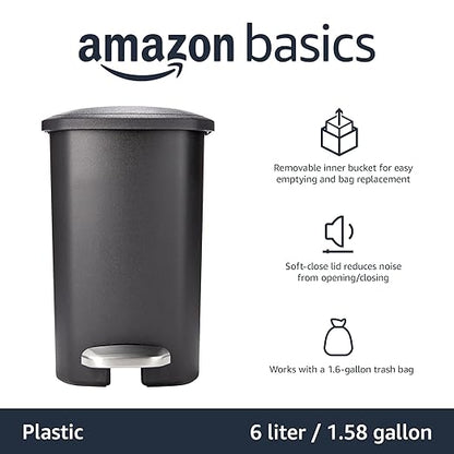 Amazon Basics Compact Plastic Bathroom Trash Can with Hands Free Foot Pedal, Quiet Close Step-On, 6 Liters, Black, Lid Included
