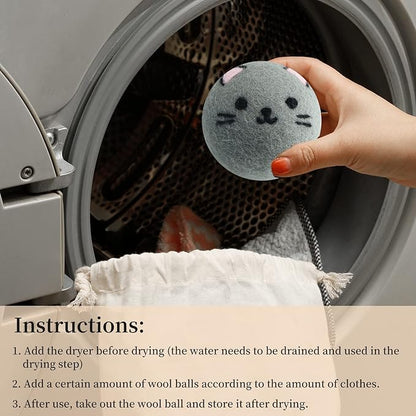 Dryer Balls Laundry Reusable - XL Wool Dryer Balls - Handmade Cute Cat Shape 6 Pack, Extra Large Dryer Balls, Shorten Drying Time, Organic Wool - Dry 1000+ Loads