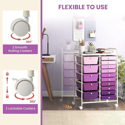 GOFLAME 15-Drawer Rolling Storage Cart, Multipurpose Movable Organizer Cart, Utility Cart for Home, Office, School, Purple Gradient
