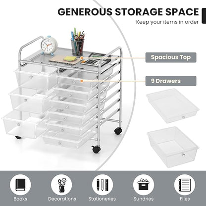 GOFLAME 9-Drawer Rolling Storage Cart, Mobile Utility Cart with Removable Drawers & Metal Frame, Art Craft Organizer Cart with Lockable Wheels, Storage Drawer Cart for Home Office, School, Clear