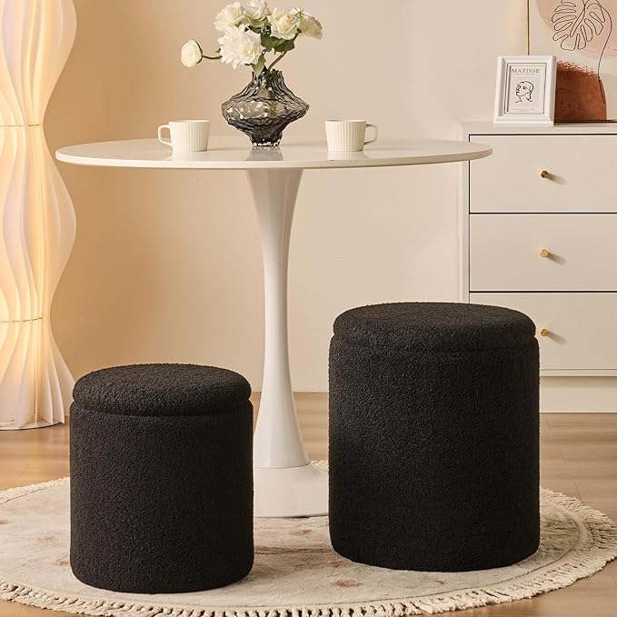 Round Ottoman with Storage Set of 2-Upholstered Sherpa Vanity Stool for Makeup Multifunctional Ottomans Coffee Table Padded Seat Foot Rest for Living Room&Bedroom(Sherpa, Black)