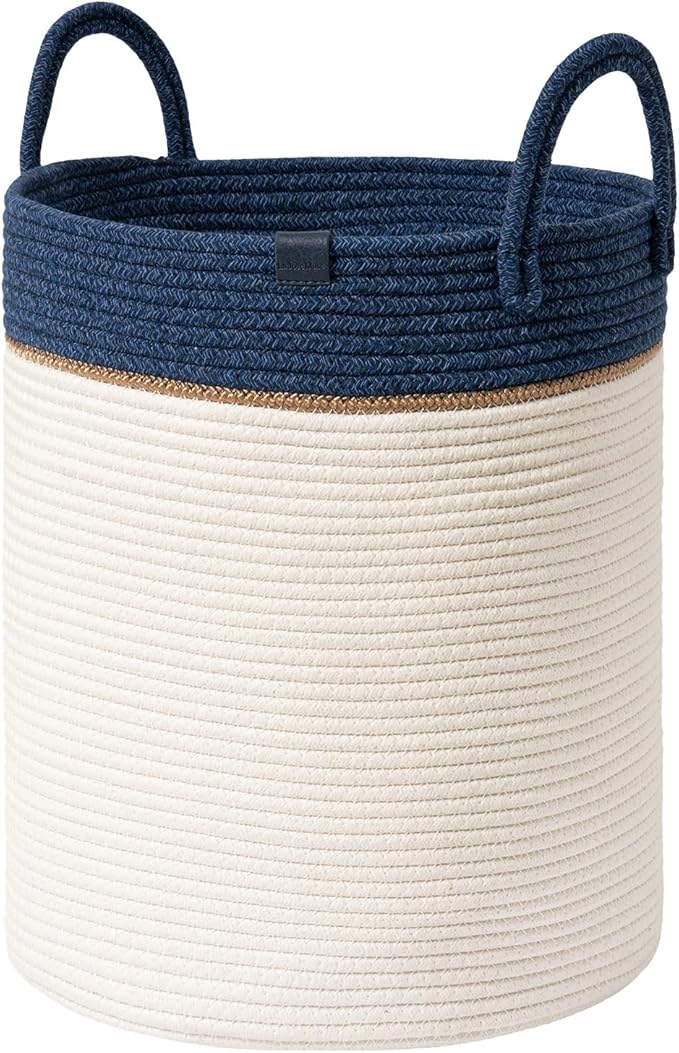 LA JOLIE MUSE Woven Basket Rope Storage Baskets - Large Cotton Organizer, Basket for Baby Blanket, Kids Toy Nursery Laundry Basket Navy Blue M