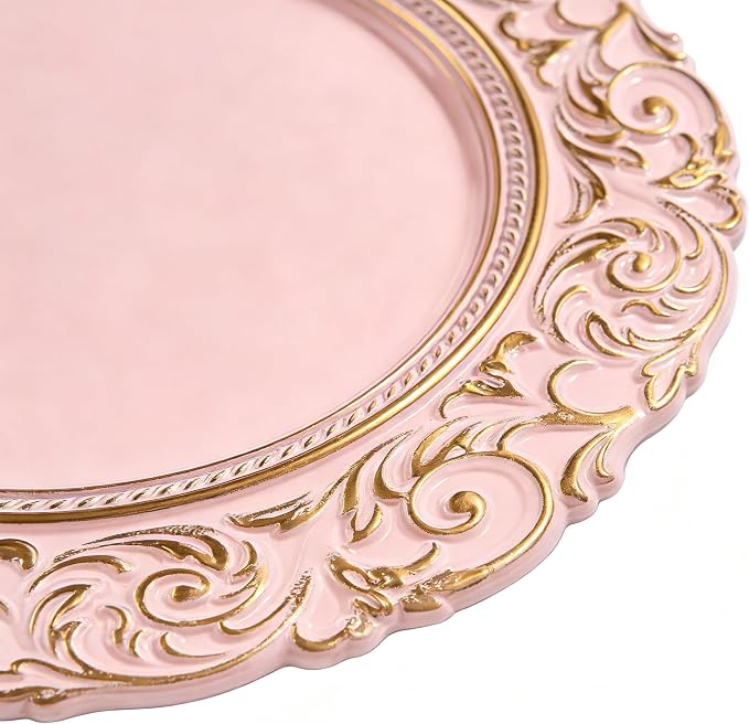 Pink Charger Plates with Gold Embossed Rim, Plate Chargers