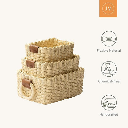 LA JOLIE MUSE Small Beige Wicker Baskets for Organizing, Recycled Paper Rope Storage Basket Container Bins for Shelves Bathroom Cupboards Drawer, Decorative Square Basket Organizer Set of 3