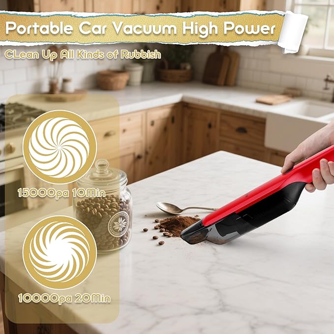 Handheld Vacuum Cordless,15KPA High Power Suction,USB Quick Charge,Car Vacuum Cleaner with Storage Dock,Lightweight Rechargeable Dust Buster with Crevice Tool Pet Brush Hand Vac for Home,Red
