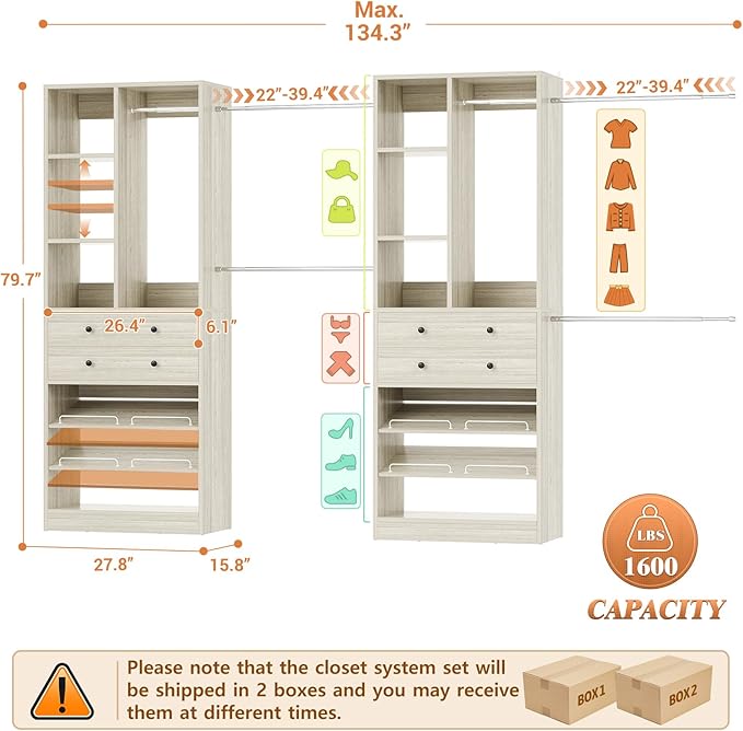 Closet System, Up to 134"/11.2 FT Closet Organizer with 4 Wooden Drawers and Shelves, Walk-in Closet System with 6 Hanging Rods, Built-in Closet Can Fit 96"/8FT, 120"/10FT, Greige Oak