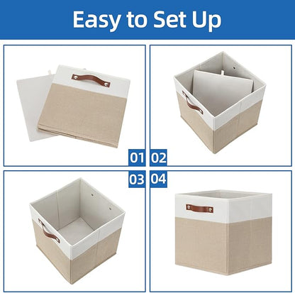 Temary Fabric Storage Cubes - 12 Inch Collapsible Bins (4Pack) - Empty Gift Baskets for Organizing Shelves, Closets, Nursery (White & Khaki)